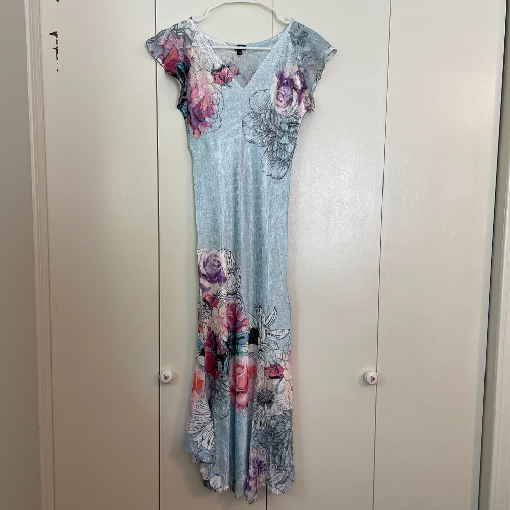 Medium Blue Stretchy Dress Pink Florals, Lace Details, Shin Length, Komarov